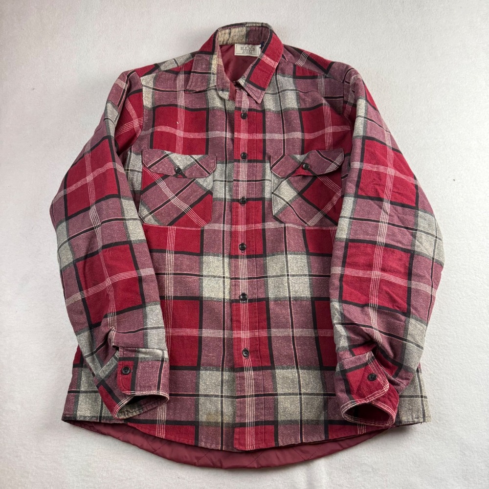 Vintage Sears Mens Quilted Flannel Shirt Jacket Red Grey Plaid Size M Shacket